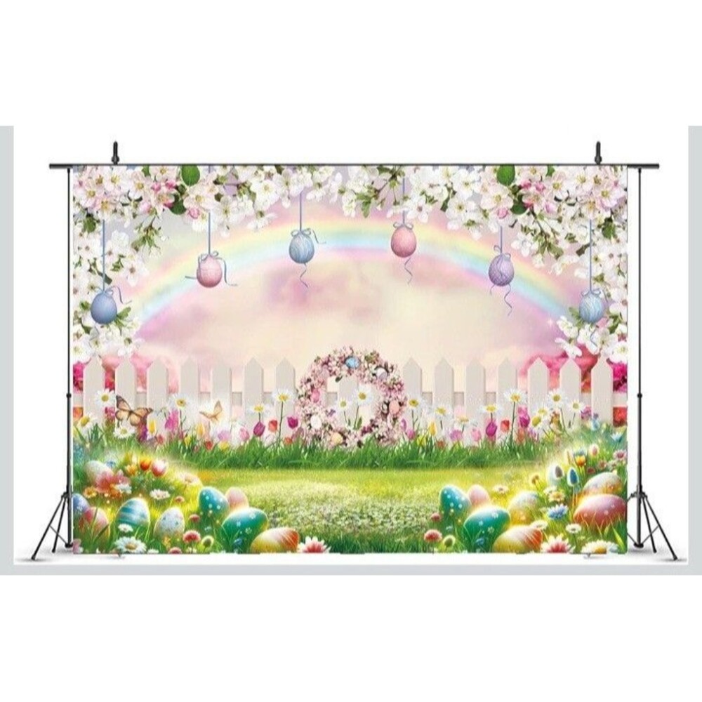 Spring Easter Backdrop Easter Eggs Fence Rainbow Floral Spring Garden Theme...